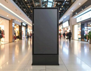 A blank, vertical digital billboard stands in a brightly lit indoor shopping mall, with blurred shoppers and stores in the background.