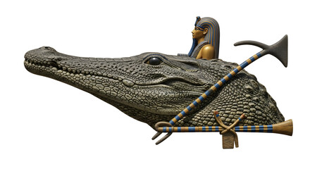 An egyptian statue of a pharaoh riding on a crocodile with a scepter and a flail on white