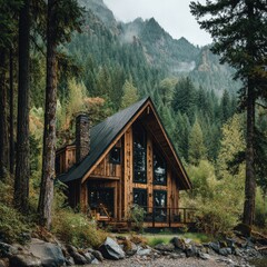 Rustic cabin nestled in a lush forest, nestled in a misty mountain valley