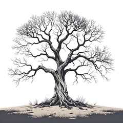 Silhouetted barren tree, detailed illustration