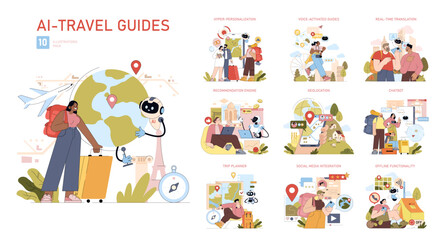 Fototapeta premium AI Travel Guides with Interactive Map and Robot Assistant
