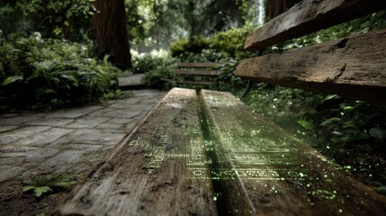 Enchanted Wooded Park Bench with Glowing Green Elements