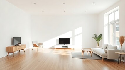 Fototapeta premium Minimalist living room with white walls and wooden floors, bathed in natural light.