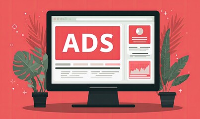 Flat design computer monitor displaying "ADS" on a webpage.  Surrounded by tropical plants and a coral background