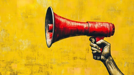 Hand holding megaphone on color background, sale discount announcement banner