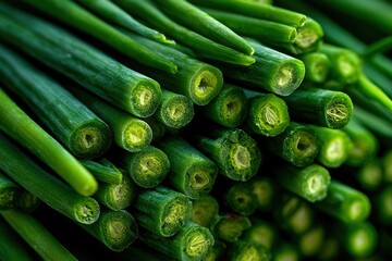Fresh Green Chives Stacked in a Vibrant Bunch on a Wooden Surface