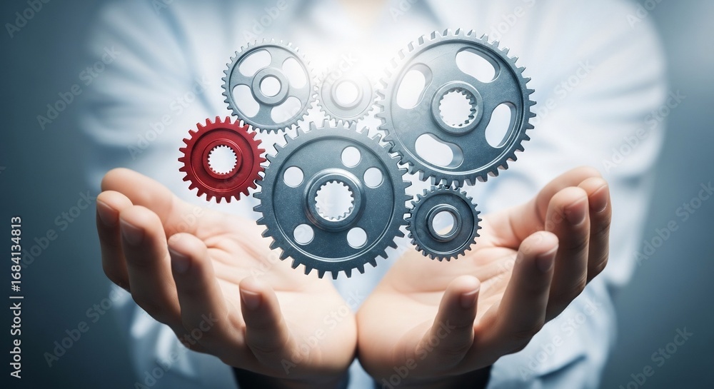 Poster business process automation solutions with gears and hands for mechanical engineering concept design
