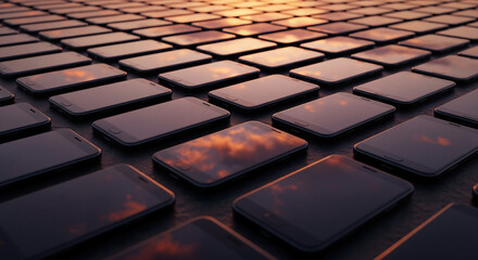 Obraz premium Grid of smartphones reflecting a sunset sky