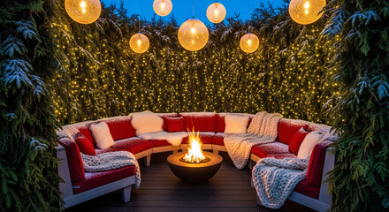 Cozy outdoor winter lounge with fire pit and lights