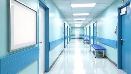 Bright blank poster frame on a white wall in a hospital corridor, surrounded by clinical interiors,sterile design,medical staff in background, symbolizing healthcare communication, informative display
