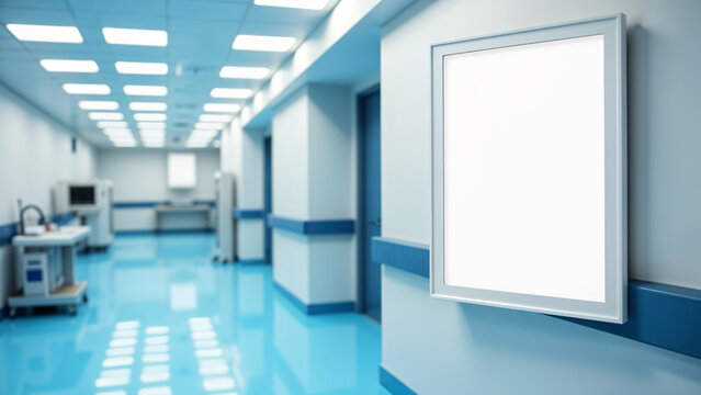 Bright blank poster frame on a white wall in a hospital corridor, surrounded by clinical interiors,sterile design,medical staff in background, symbolizing healthcare communication, informative display