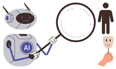 AI robot using magnifying glass to examine human figure and mask, representing identity, technology, and ethics. Ideal for AI, machine learning, identity, innovation, ethics analysis technology