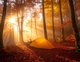 Autumn Forest Camp with Illuminated Tent