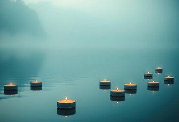 Floating candles on calm water with misty background, peaceful spiritual atmosphere symbolizing meditation, remembrance, serenity, and tranquil seasonal cultural ritual
