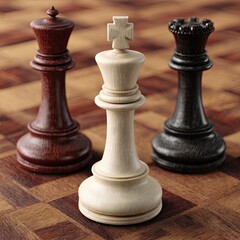 Three wooden chess pieces, a white king flanked by a dark red queen and a dark black queen, stand out on a checkered  board.