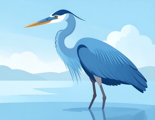 Obraz premium A stylized illustration of a great blue heron standing in tranquil water against a serene backdrop of light blue hills and clouds.