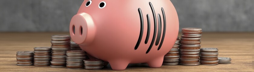 Simple piggy bank with coins spilling out, representing financial debt - red mortgage overflowing