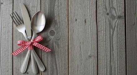 Rustic silverware set on wooden background with red and white ribbon for holiday table setting design