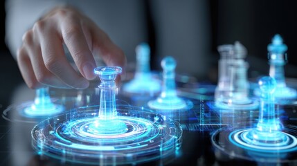 A hand interacts with a futuristic holographic chessboard, showcasing advanced technology in gaming. The illuminated chess pieces represent strategy and innovation in digital play.
