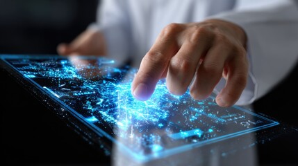 A close-up of a hand interacting with a holographic interface, showcasing advanced technology and digital innovation