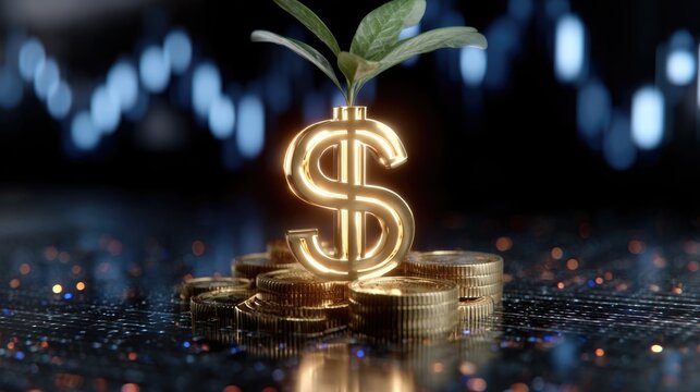 A symbolic representation of growth in finance, featuring a dollar sign sprouting leaves on a pile of coins. This image illustrates prosperity, investment, and sustainability.