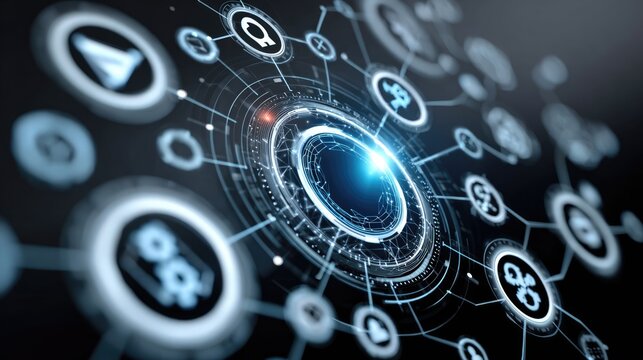 An abstract representation of a digital network showcasing interconnected nodes and icons symbolizing communication, data exchange, and modern technology in a visually striking man