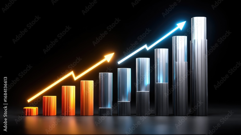 Poster a dynamic representation of growth and progress, showcasing ascending bar graphs with vibrant colors