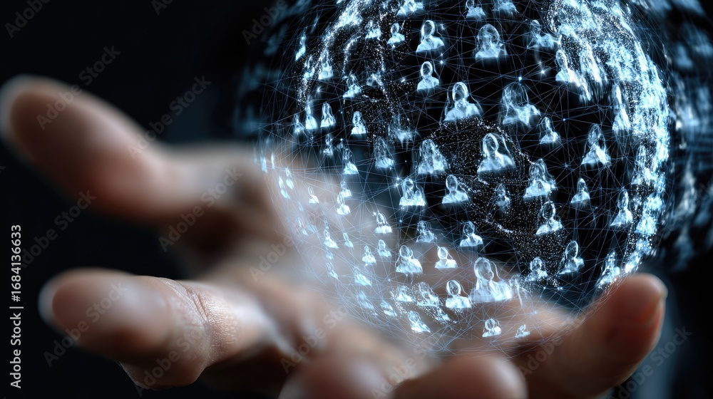 Poster a futuristic digital hand showcasing a floating holographic globe populated with interconnected prof