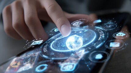 A close-up of a person's hand interacting with a futuristic touchscreen device, showcasing digital icons and a glowing globe, symbolizing advanced technology and connectivity.