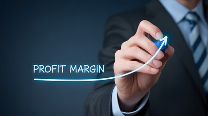 Businessman draws upward trend line for profit margin growth with marker
