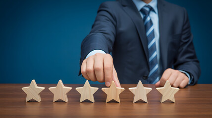 Business professional selects wooden star for customer service rating on table