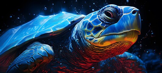 Obraz premium The black background contrasts sharply with the bright blue silver light emitted by turtle , generative AI