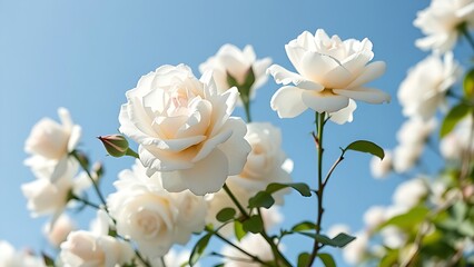 Obraz premium Blooming white roses against a clear blue sky, embodying delicate springtime beauty.