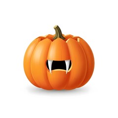 Fototapeta premium A spooky Halloween pumpkin carved to look like a vampire with sharp white fangs. Festive autumn decoration for a creepy October celebration