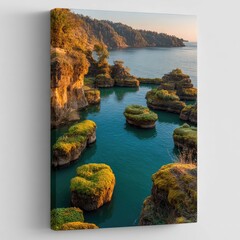 Coastal landscape with rocky formations and teal water.  Sunlight illuminates the scene