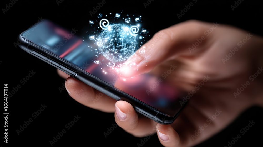 Poster a person interacts with a smartphone, showcasing an innovative digital interface. the image depicts 