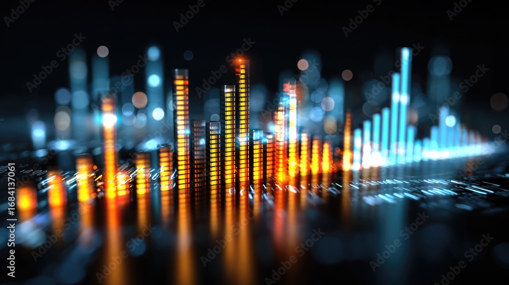 Poster abstract representation of digital data analytics, showcasing colorful sound waves and vibrant graph