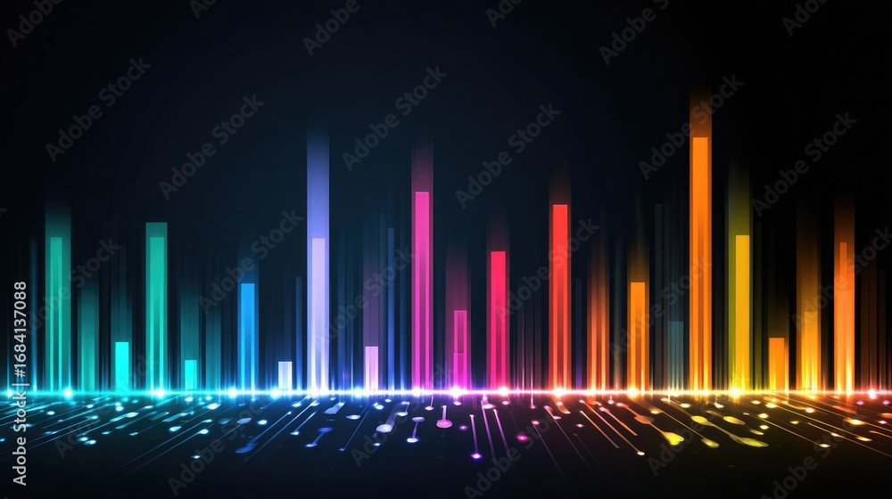 Poster Vibrant audio wave visualization with colorful bars representing various sound frequencies