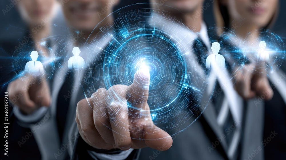 Poster a group of professionals pointing towards a digital interface, showcasing technology and teamwork
