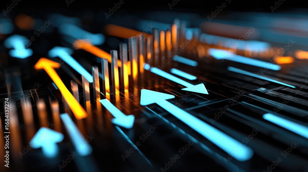 Poster an abstract representation of growth and progress, featuring dynamic arrows and digital patterns
