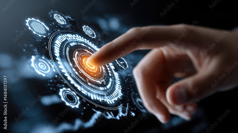 Poster a futuristic hand interacting with a digital touchscreen interface, showcasing advanced technology a