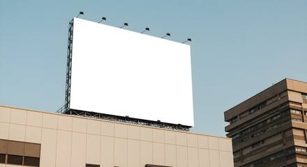 Blank billboard on a building rooftop against a clear blue sky background