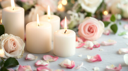 Velas brancas e rosas em um cen&aacute;rio memorial ou funeral