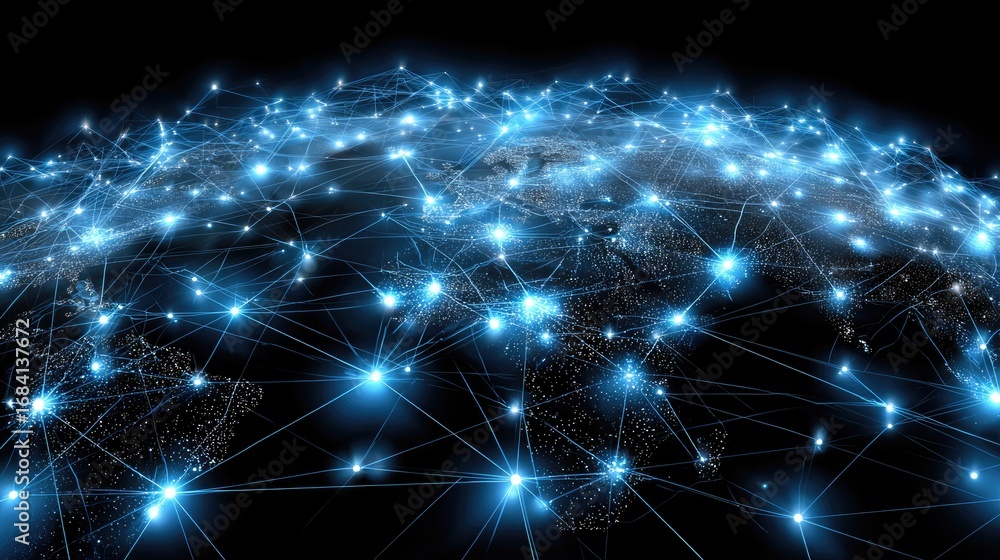 Poster a stunning visualization of a connected digital world, showcasing glowing nodes and lines representi