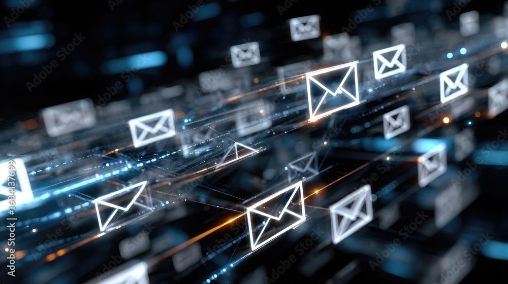 Poster abstract representation of digital communication with glowing email icons streaming through a darken