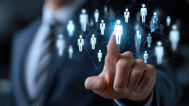 A professional in a suit engages with a network of digital human figures, illustrating the concept of connection and collaboration in the business world through technology.