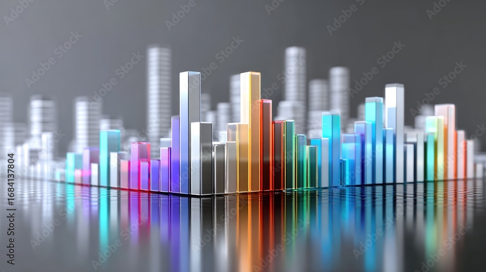 Poster a vibrant 3d representation of colorful bar graphs illustrating data trends and analysis. the reflec