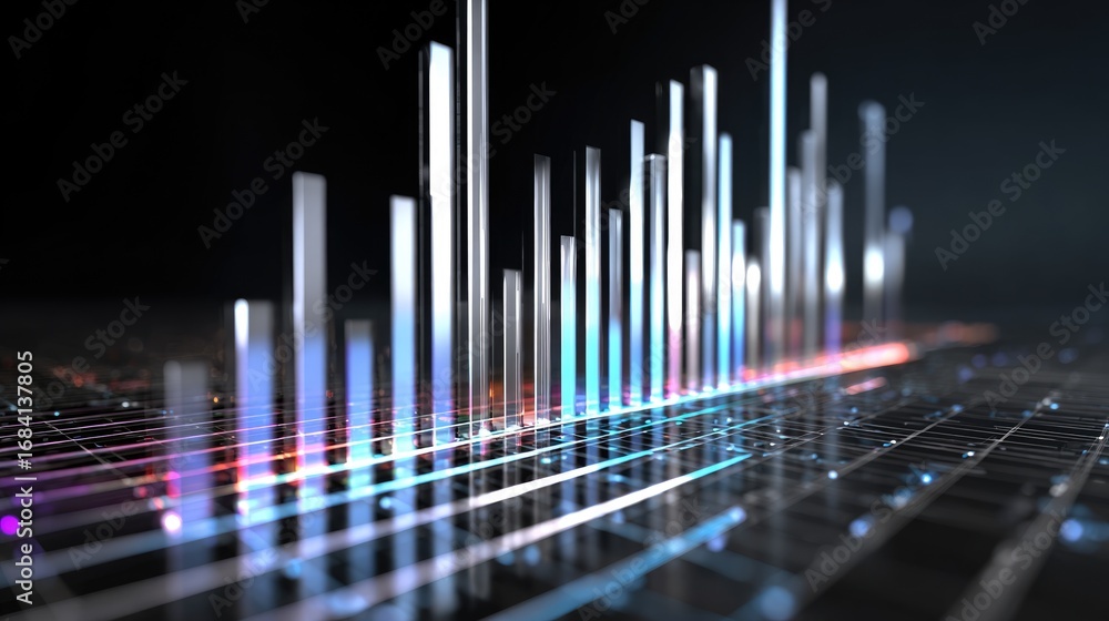 Poster a vibrant digital representation of data visualization with sleek bar graphs and colorful lines, ill