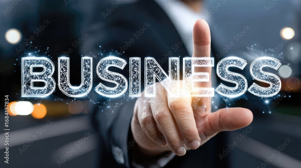 Poster a professional business person using a futuristic interface to interact with digital elements. the i