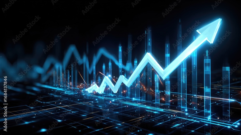Poster a dynamic digital graph showing an upward trend, symbolizing growth and progress in technology and b